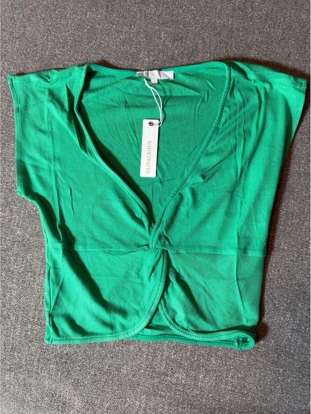 Olivaceous Ribbed Twist Front V-Neck Top NWT Size Large Emerald Green